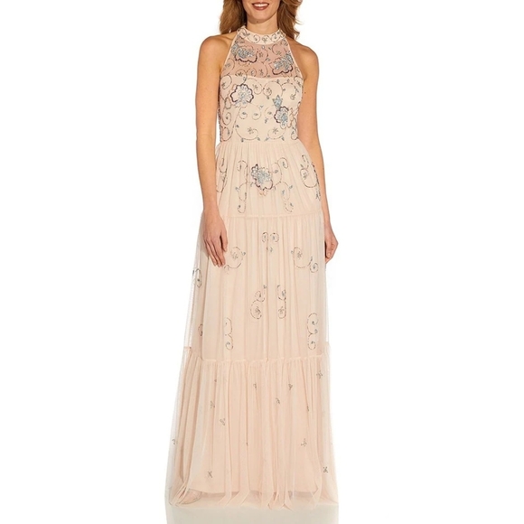 Adrianna Papell Sleeveless Halter Neck Beaded Mesh Keyhole Back Detail
